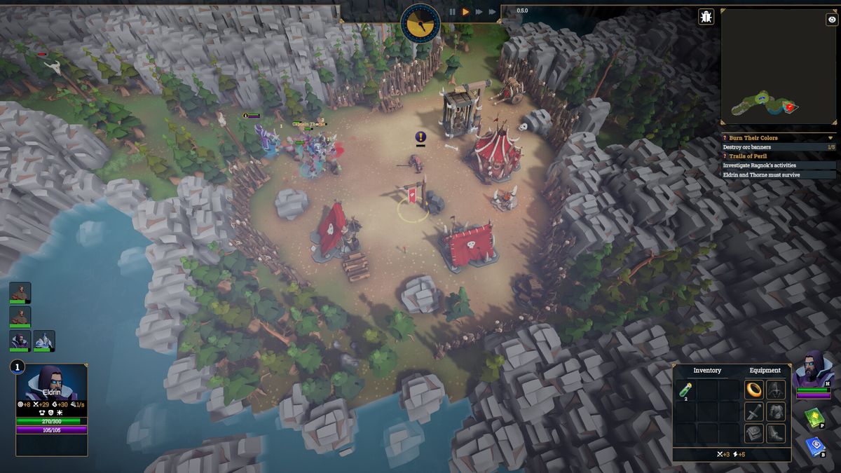 玩家在白天建设城镇的画面，角色正在指挥工人建造箭塔，周围是初具规模的木屋与围墙