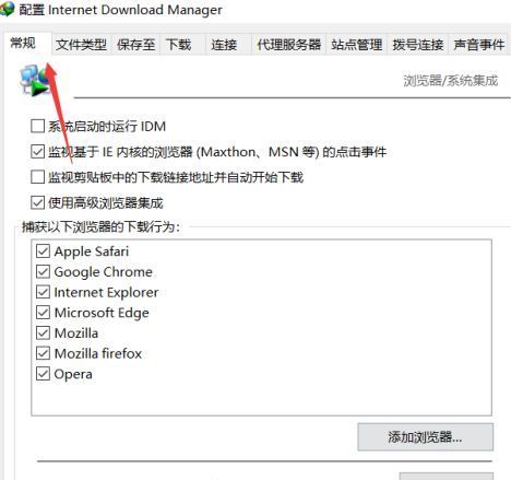 IDM选项窗口，顶部标签栏中‘常规’选项卡被选中，下方设置区域清晰可见