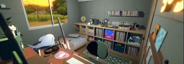 玩家自定义的虚拟房间内部视角，墙上贴有动漫GIF，家具色彩明亮且布局温馨