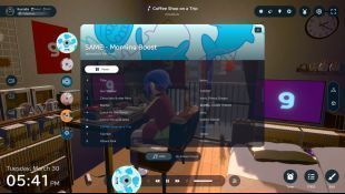 音乐播放界面展示，背景为夜晚窗边的虚拟房间，窗外有细雨飘落