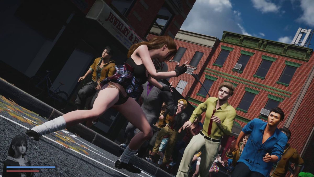 玩家角色在街道上使用魔法攻击人类，地面布满触须，画面充满暗黑幻想风格