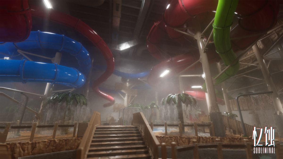 游戏场景：一座废弃的水上乐园，泳池干涸龟裂，滑梯扭曲变形，天空呈现不自然的橙紫色调