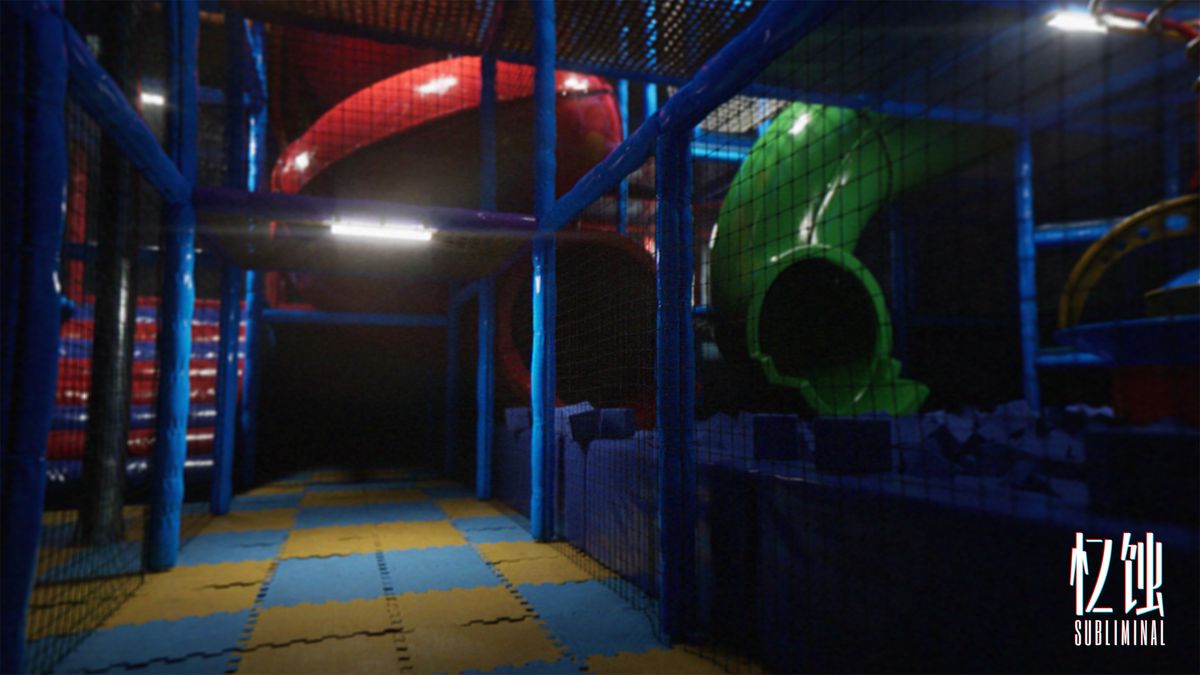 玩家视角下的彩虹滑道内部，色彩斑斓却异常幽深，四周回响着低语声，营造出强烈的心理压迫感