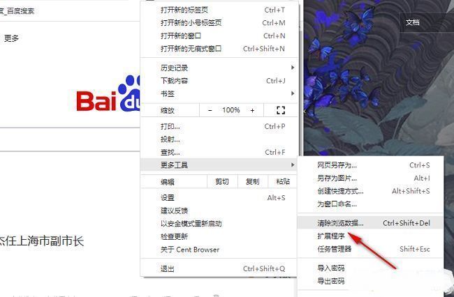 ‘清除浏览数据’选项高亮显示，位于功能列表中段