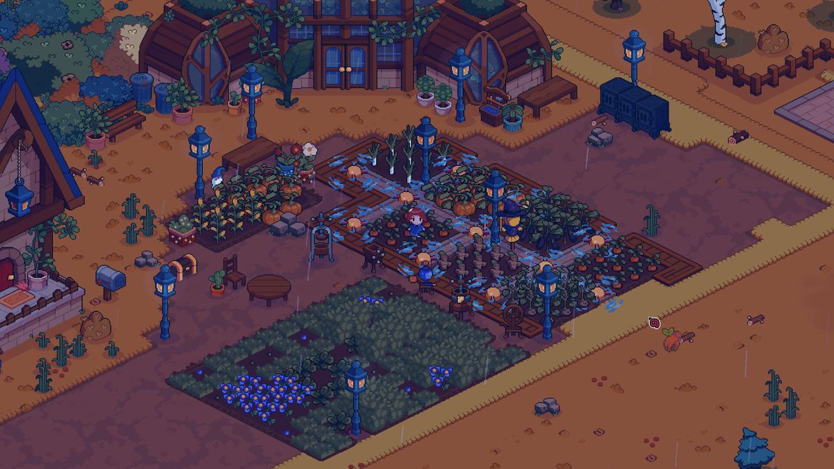 玩家正在耕种田地，远处有鸡舍和晾晒的衣物，展现游戏生活化细节