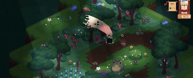 夜晚的岛屿全景动画，萤火虫在空中飞舞，小屋窗户透出暖光，气氛宁静治愈