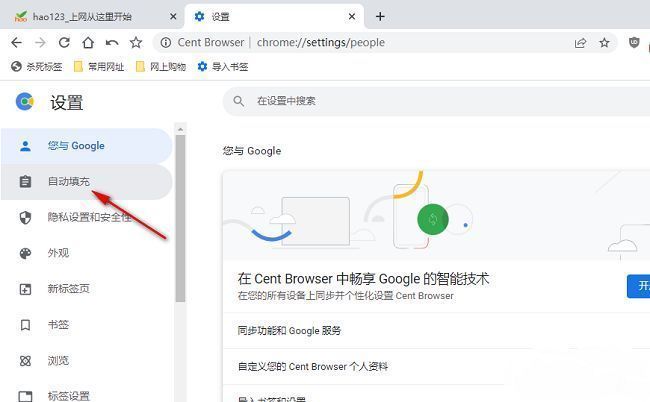 左侧栏自动填充选项被选中，右侧显示其子功能列表