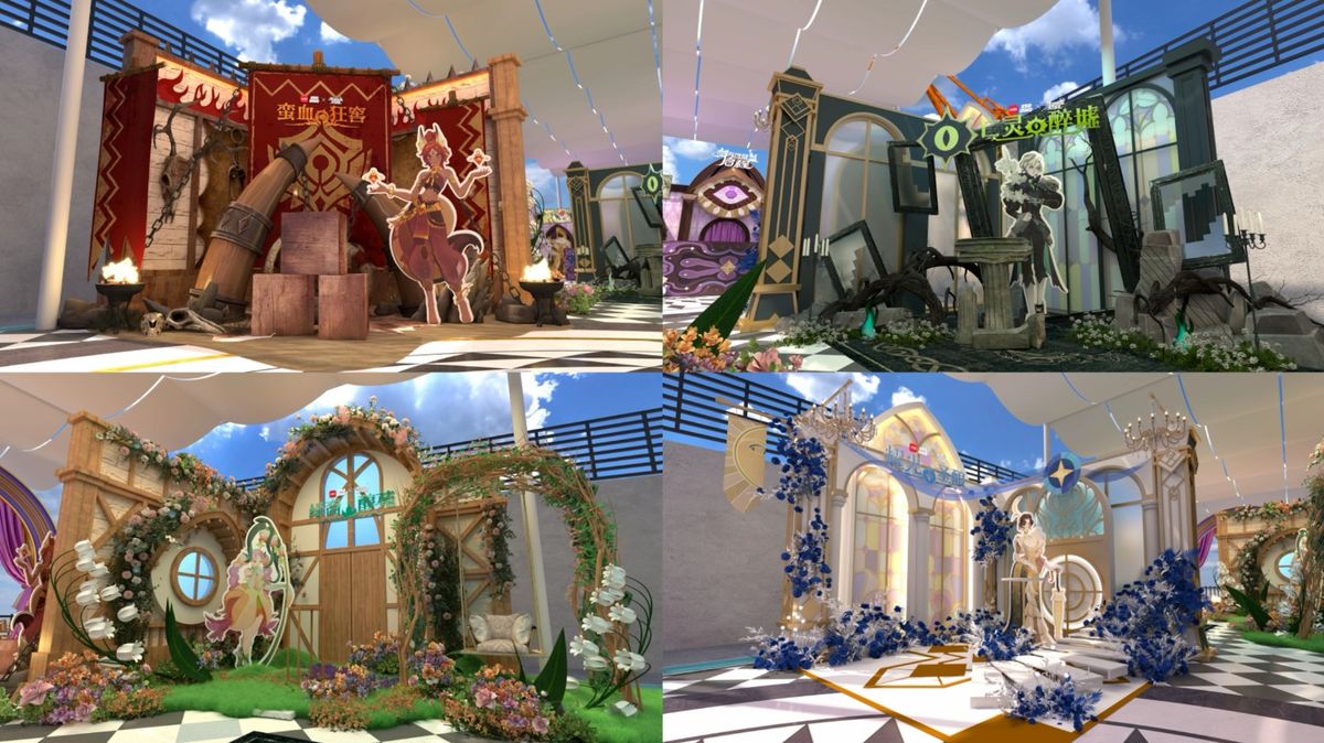 REDLAND展台实景图，四大阵营区域分明，彩绘玻璃灯光绚丽，玩家驻足拍照