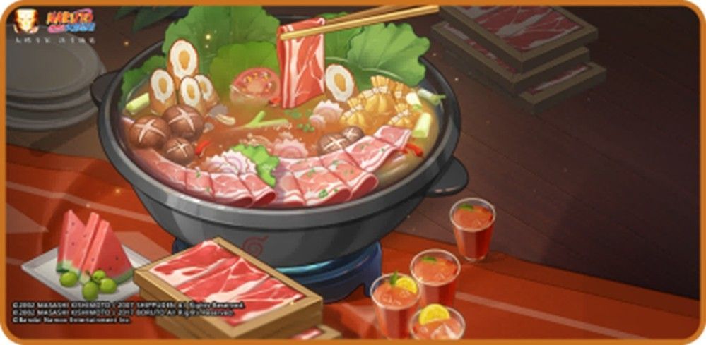 多名组织成员围坐在火锅桌旁，头顶冒出‘欢聚值+5’气泡，中央浮现‘欢聚之锅’替身形象