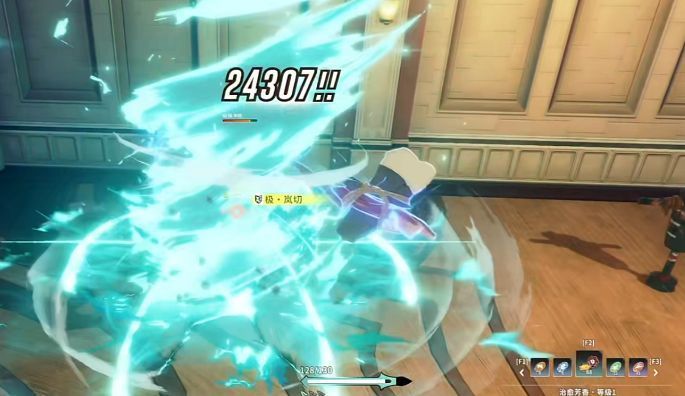 翔返流战斗画面，青岚骑士在空中释放旋风斩，下方敌人被持续打击，背景为Boss战场景