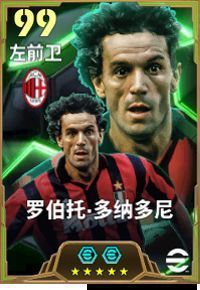 罗伯托·多纳多尼身穿AC米兰红黑战袍，站在球场中央，背景为圣西罗灯光璀璨的夜景