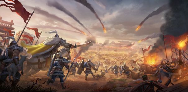 《偃武》战斗界面展示，多支部队在地图上实时移动，箭雨覆盖、骑兵冲锋特效交织，展现激烈战场氛围