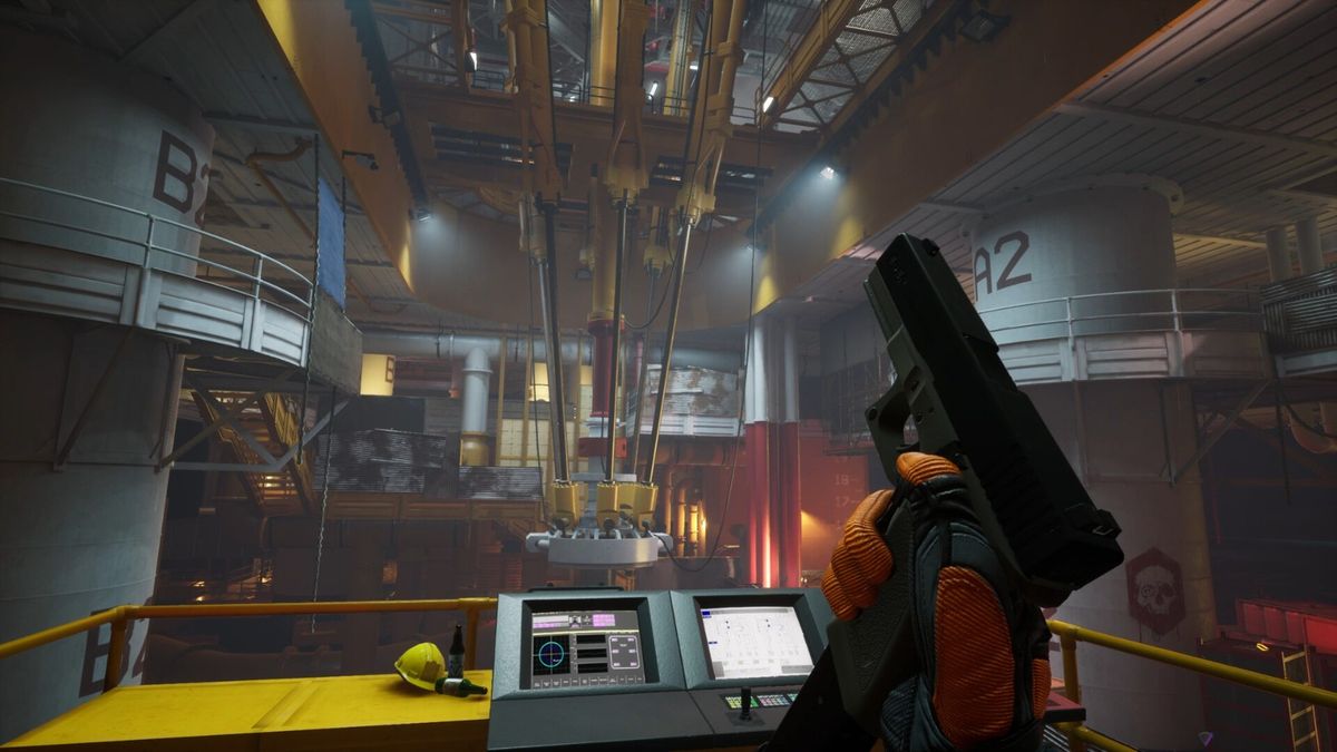 五星指挥官登场画面，一名身穿重型装甲的巨型敌人站在废墟中央，周身环绕红色能量光环，气势压迫感十足