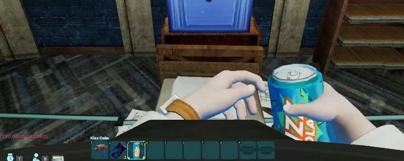 《非生物因素》游戏中KIZZ汽水的三种不同颜色瓶装特写，背景为破败城市街道，瓶身标签清晰可见