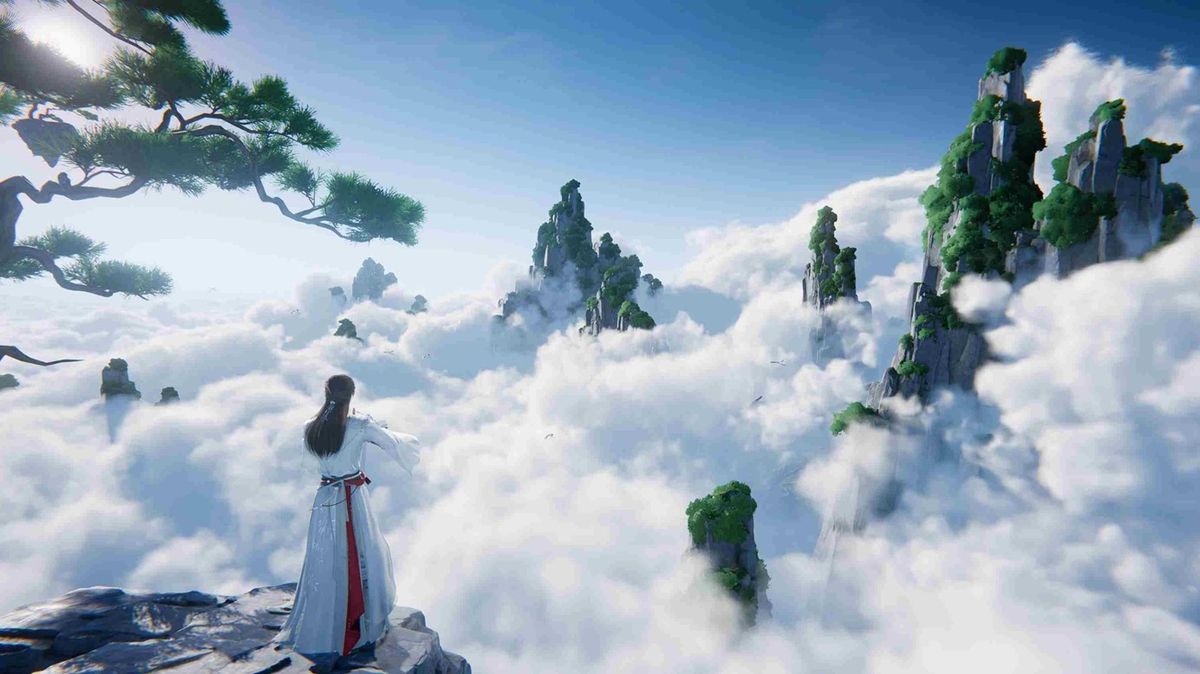 游戏场景展示壮阔云海与悬浮仙岛，宛如画卷般的空中仙境