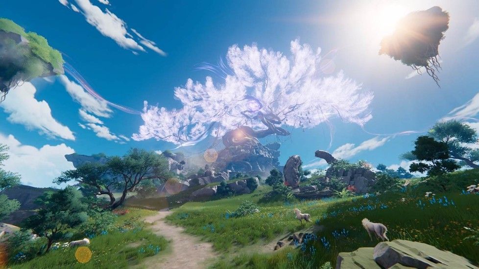 仙岛上神树与灵兽共存，展现原生生态与灵动气息