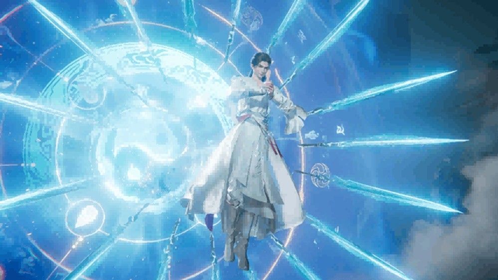 玩家施展‘万剑归宗’对抗巨大石像，战斗场面写意磅礴