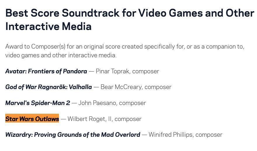 格莱美奖提名名单截图，显示《星球大战：亡命之徒》与《战神5》《<a target=