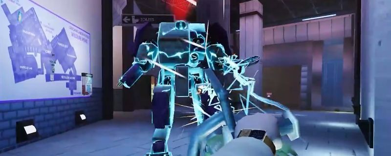 《非生物因素》中玩家正在潜行接近二级机器人，环境昏暗，机器人发出红色警戒光芒