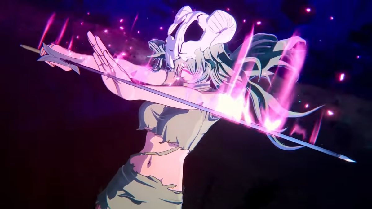 妮露以第三十刃形态登场，身穿破面战甲，绿色长发飘扬，眼神凌厉，周身环绕灵压特效