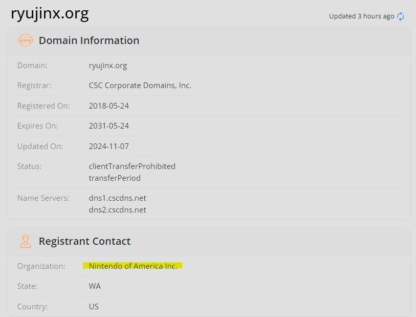 WHOIS查询结果显示Ryujinx.org域名注册人已变更为任天堂