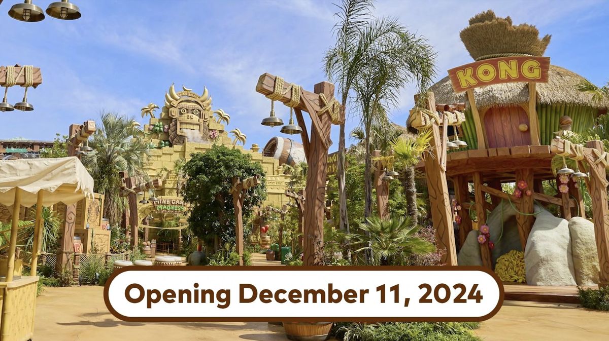 超级任天堂世界大金刚区域概念图，丛林风格建筑与巨大的大金刚雕像矗立其中，充满冒险氛围