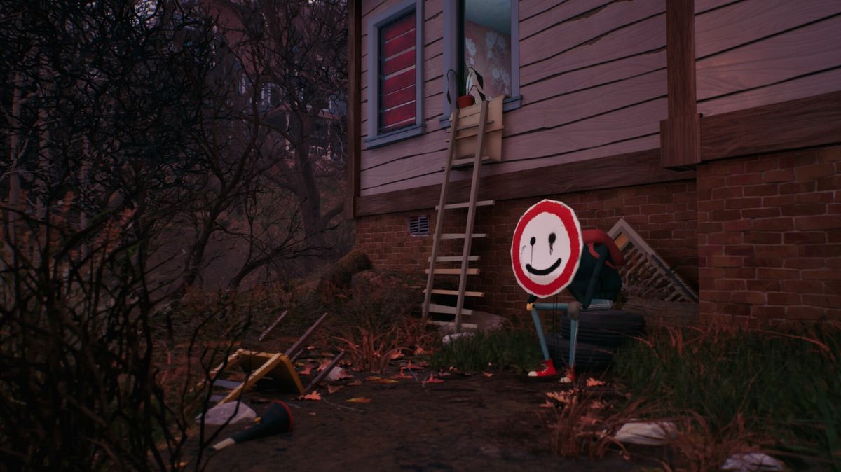 夜晚视角下的邻居房屋，窗户透出怪异光影，营造强烈恐怖感