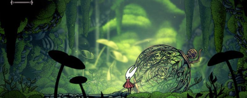 《空洞骑士：丝之歌》主视觉图，主角小骑士手持骨钉站立于漂浮的丝线之上，背景为神秘的空中王国