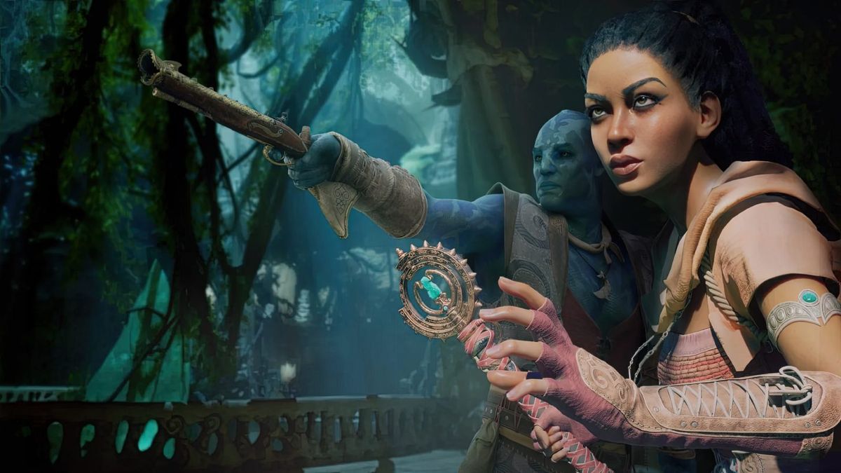 《宣誓》四位主要同伴角色立绘展示，每位角色身着不同风格装备，表情各异，背景为神秘奇幻森林