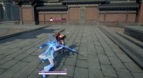 角色穿戴戏曲风格外观，身着蓝白相间戏袍，手持长剑，背景为水墨舞台