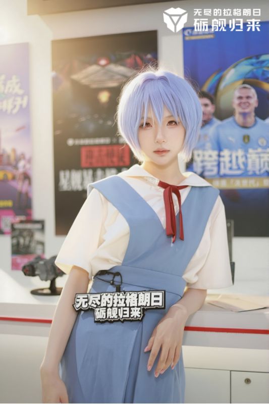 夜晚灯光下的展台全景，绫波丽立像与星球投影交相辉映，营造出末世与未来交织的氛围