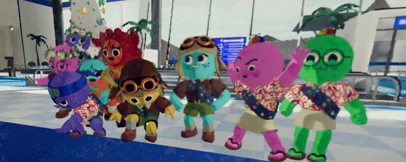 《PEAK》游戏中玩家角色绑满彩色气球漂浮在空中，背景为晴朗天空，充满童趣与科幻感