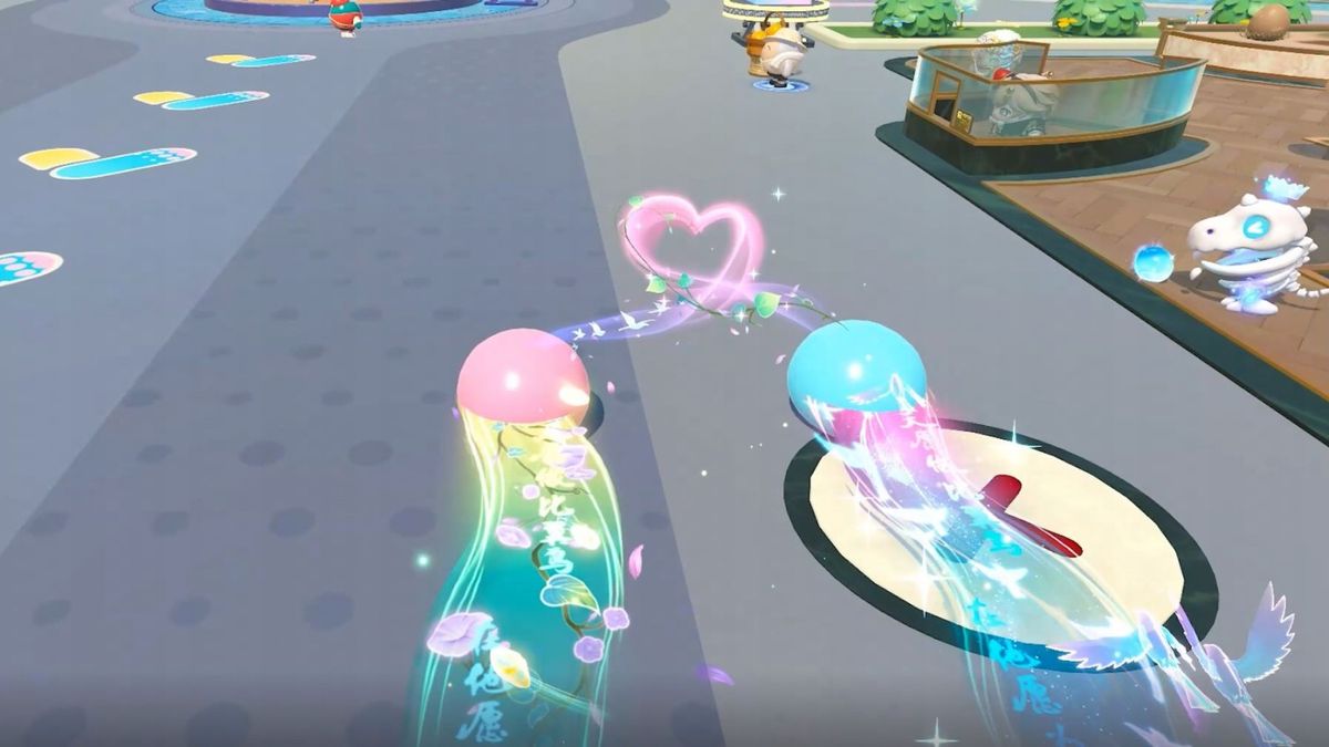 两名蛋仔使用不同七夕滚动特效并排滚动，空中浮现粉色爱心特效