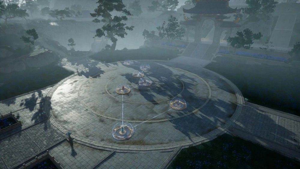 丘处机施展剑影伐乱技能，脚下浮现多个红色剑气光圈，队友紧急走位躲避