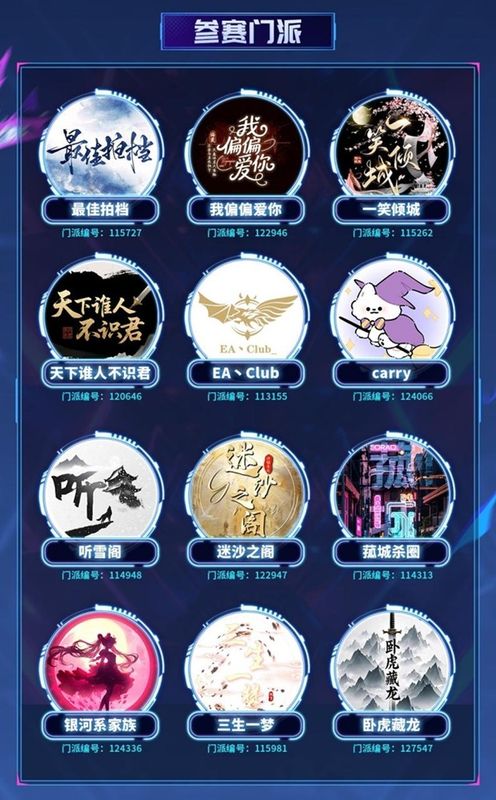 十二支参赛门派的LOGO整齐排列于舞台背景墙，象征群雄并起、决战在即的氛围