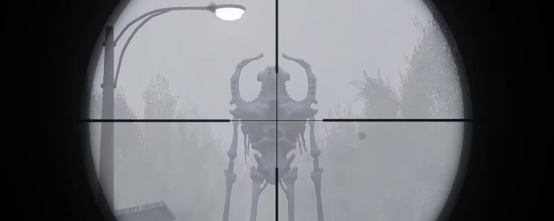 《非生物因素》中作曲家在城市废墟中巡逻的场景，身披残破长袍，周身环绕诡异音波特效