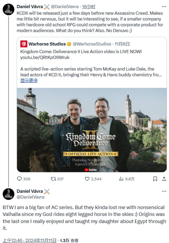 Daniel Vavra社交媒体截图，配文表达对《刺客信条：影》发售日的期待与挑战之意