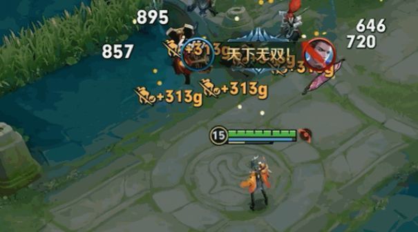 蚩姹释放大招“兵主再临”时的特效画面，五种兵器环绕周身，攻击光芒四射