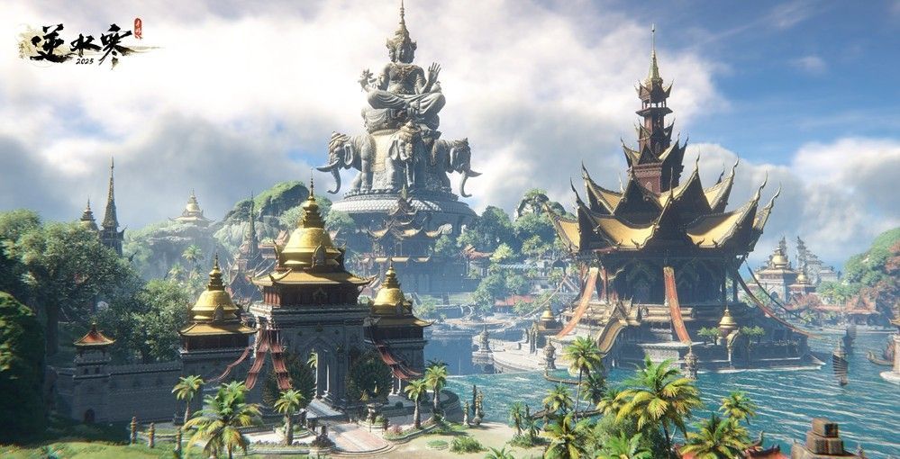 角色乘船航行于碧海蓝天之间，远处岛屿若隐若现，海面波光粼粼