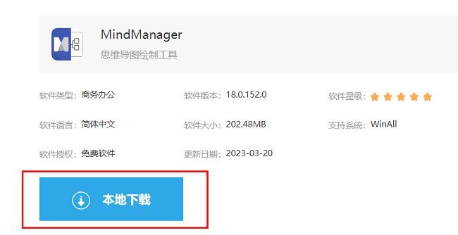 MindManager下载页面界面展示，页面中央有显著的本地下载按钮