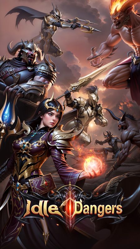 《Idle Dangers》游戏主界面展示，角色在地下城中自动战斗，技能特效华丽，界面右下角显示英雄等级与装备强化进度