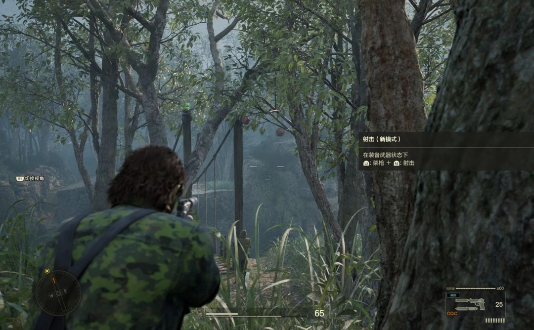 玩家视角瞄准蜂巢，准备开枪射击的 gameplay 截图，敌人正站在蜂巢下方毫无察觉