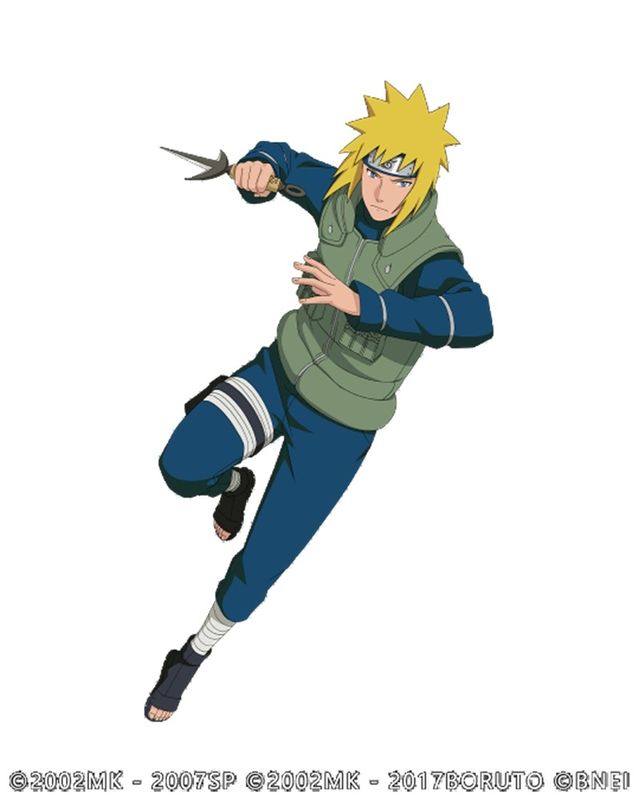 青年波风水门在空中投掷飞雷神苦无，身影如电穿梭于战场