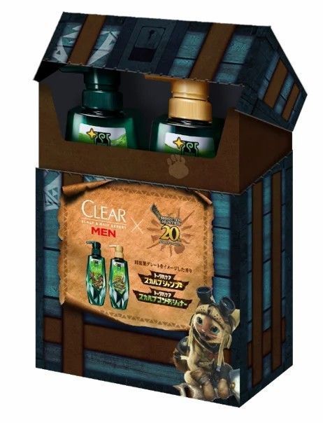 整套联名产品陈列在补给箱风格包装盒中，旁边摆放着怪物猎人游戏图标周边