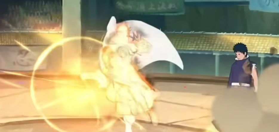 九喇嘛水门释放强化飞雷神，九尾查克拉形成爆炸光环，敌人被卷入其中