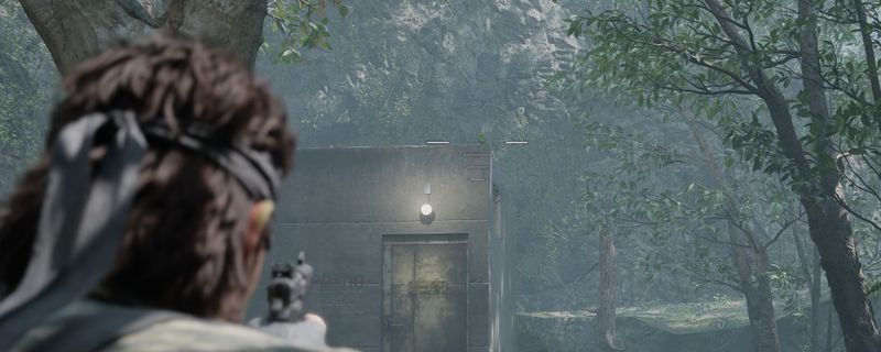 《合金装备3：重制版》中一只色彩鲜艳的鹦鹉停在丛林树枝上，周围环境为茂密的热带雨林，光影效果逼真