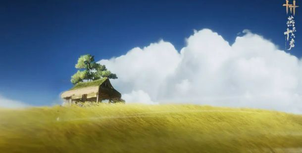 玩家在秦川田野中触发奇遇任务的瞬间，NPC身披斗笠立于稻草人旁，画面充满故事感