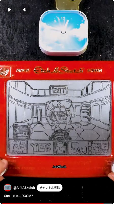 Etch A Sketch上绘制的《毁灭战士》角色与地狱战场面，线条精细，充满复古机械感