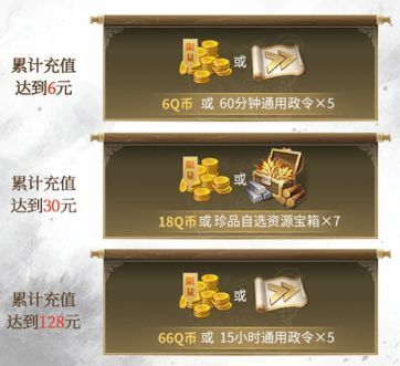 充值奖励档位表，展示不同充值金额对应的Q币与道具奖励