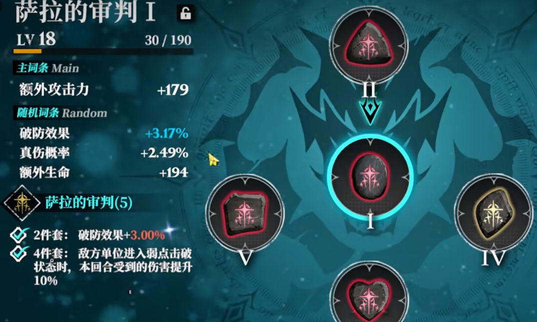 角色装备‘萨拉的审判’符文后触发特效，屏幕上出现红色裂痕标记，敌人身上弱点部位被高亮显示